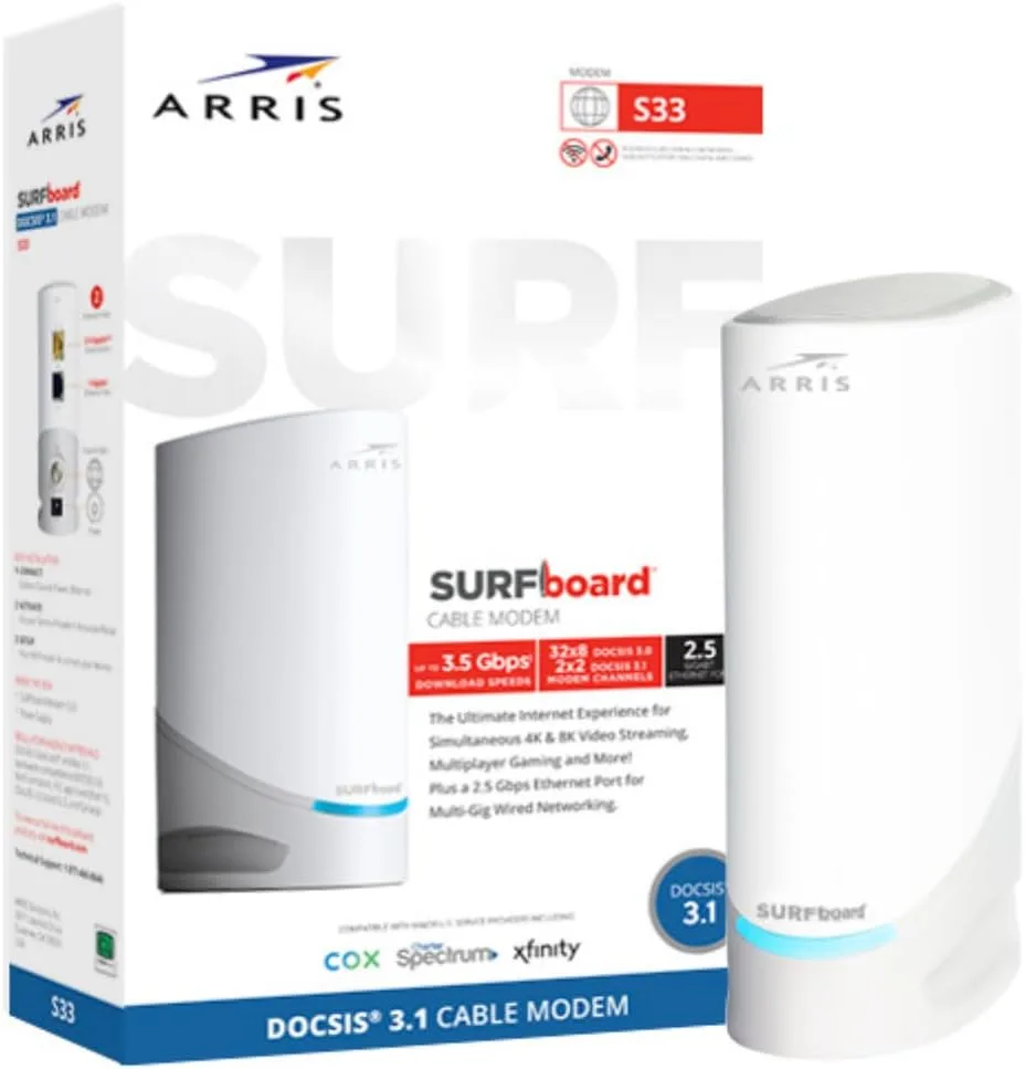 ARRIS SURFboard S33 DOCSIS 3.1 cable modem: short white vertical tower, front-panel status LEDs, with a 2.5 GbE Ethernet port, a 1 GbE Ethernet port, and a coax connector on the back