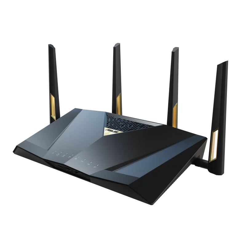 ASUS RT-BE88U dual-band WiFi 7 router shown at a three-quarter angle on a white background with four external antennas raised