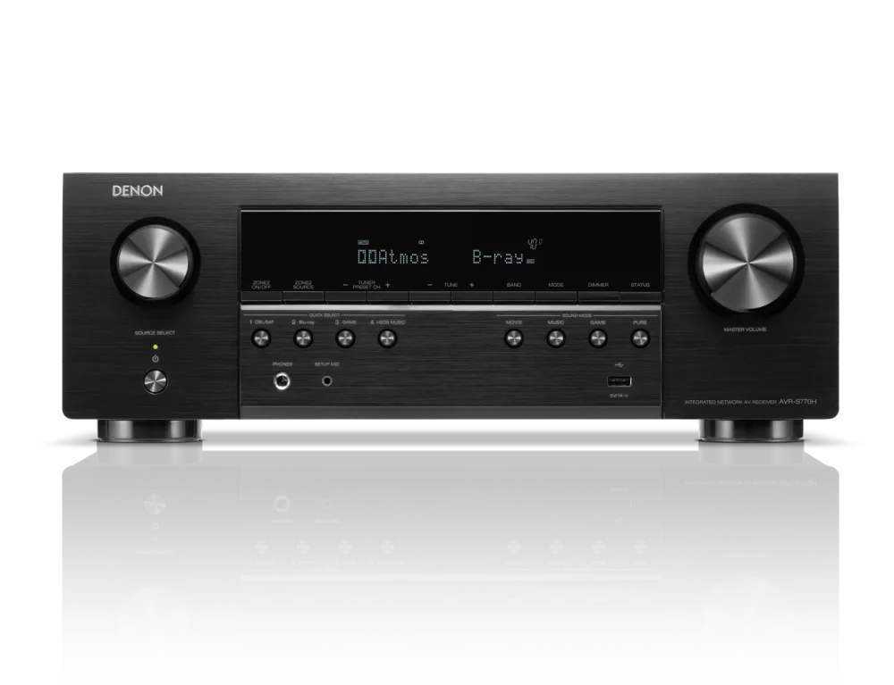 Denon AVR-S770H 7.2-channel 8K AV receiver shown straight-on on a white background