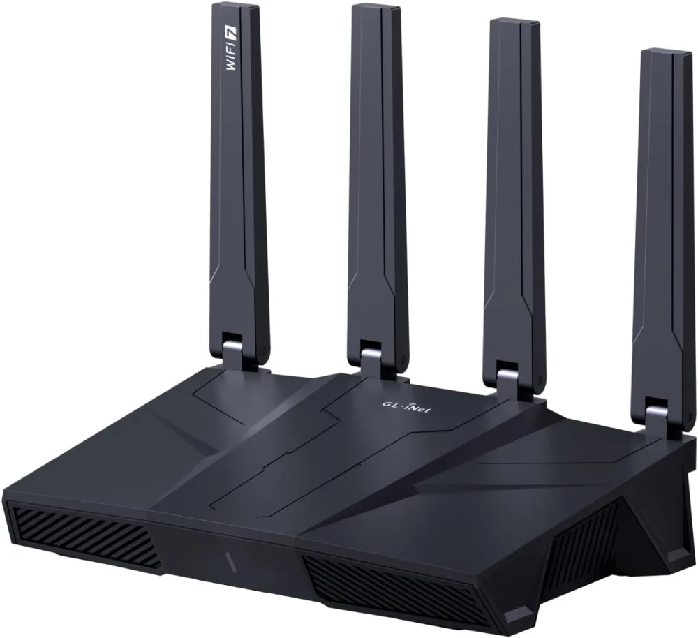 GL.iNet Flint 3 GL-BE9300 tri-band Wi-Fi 7 router shown at a three-quarter angle on a white background with four external antennas raised