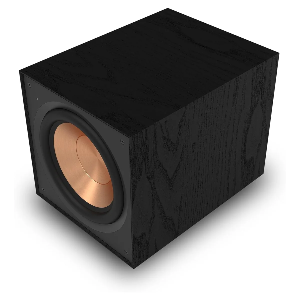 Klipsch R-121SW subwoofer in black textured wood grain vinyl, grille removed, showing the 12-inch spun-copper thermoformed crystalline polymer woofer on the front baffle