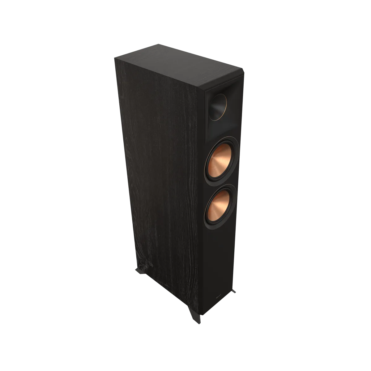 Klipsch RP-6000F II floorstanding tower speaker in Ebony finish, grille off, showing two copper-spun 6.5-inch Cerametallic woofers stacked below a Tractrix horn-loaded tweeter