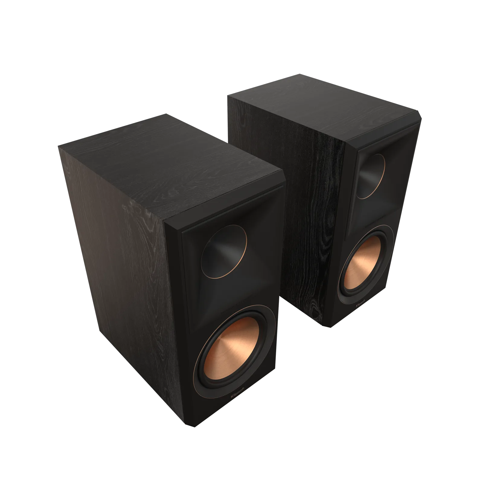 Klipsch RP-600M II bookshelf loudspeaker in Ebony finish, grille off, showing copper-spun Cerametallic 6.5-inch woofer and Tractrix horn-loaded tweeter