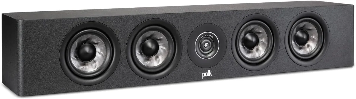 Polk Audio Reserve R350 slim center channel speaker in black, grille removed, showing four 4-inch Turbine Cone woofers flanking a central Pinnacle Ring Radiator tweeter