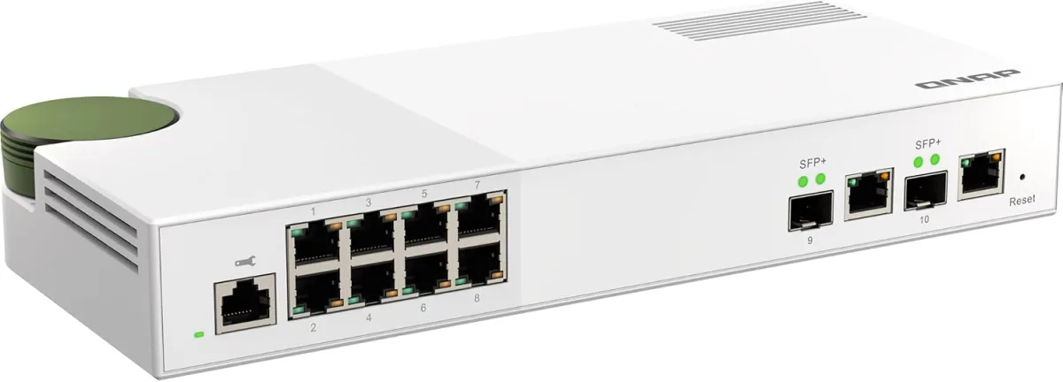 QNAP QSW-M2108-2C managed network switch: white desktop switch with eight numbered 2.5 GbE RJ45 ports (ports 1-8) and two 10 GbE SFP+/RJ45 combo ports (ports 9-10) across the front, plus a console port and per-port status LEDs