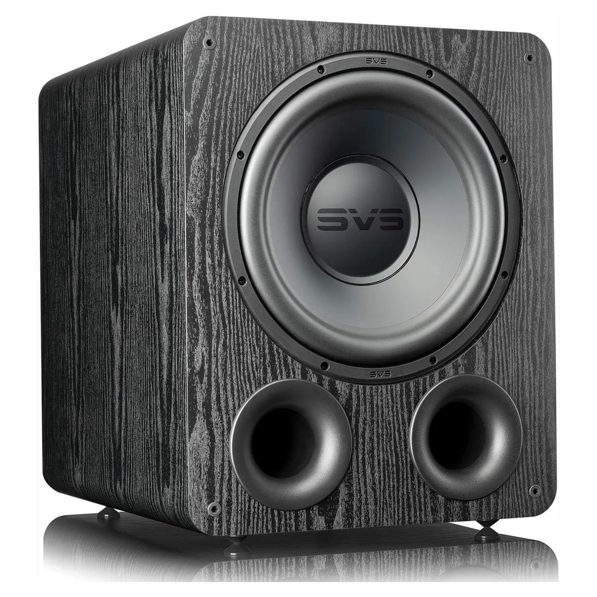 SVS PB-1000 Pro ported subwoofer in Black Ash with the grille removed, showing the 12-inch driver above twin front-firing port openings
