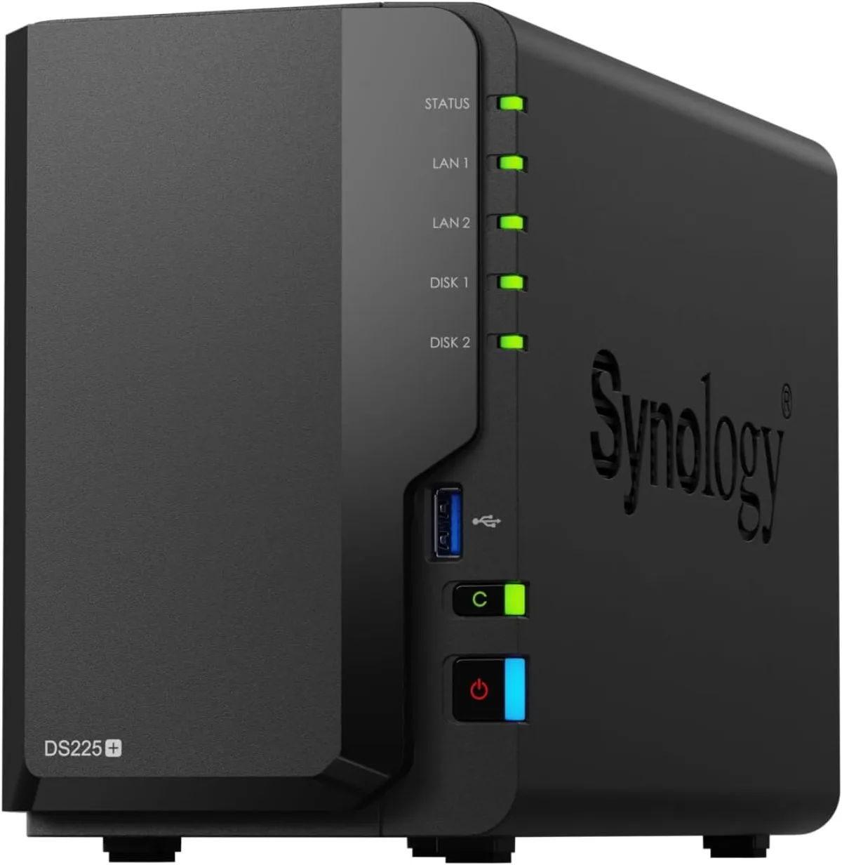 Synology DS225+ two-bay NAS, compact black desktop chassis with the DiskStation logo, drive bays behind a removable front panel