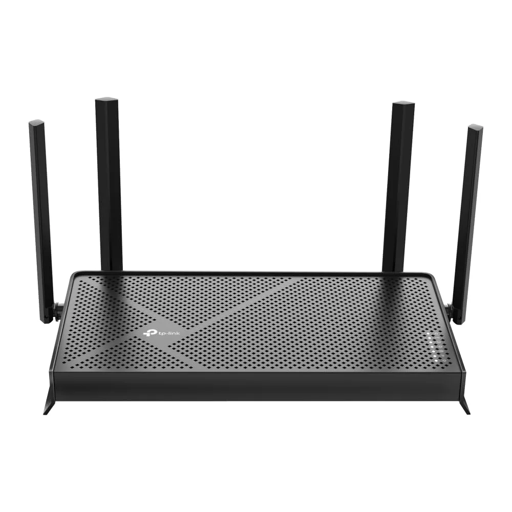 TP-Link Archer BE230 dual-band Wi-Fi 7 router lying flat on a white background with its four external antennas raised