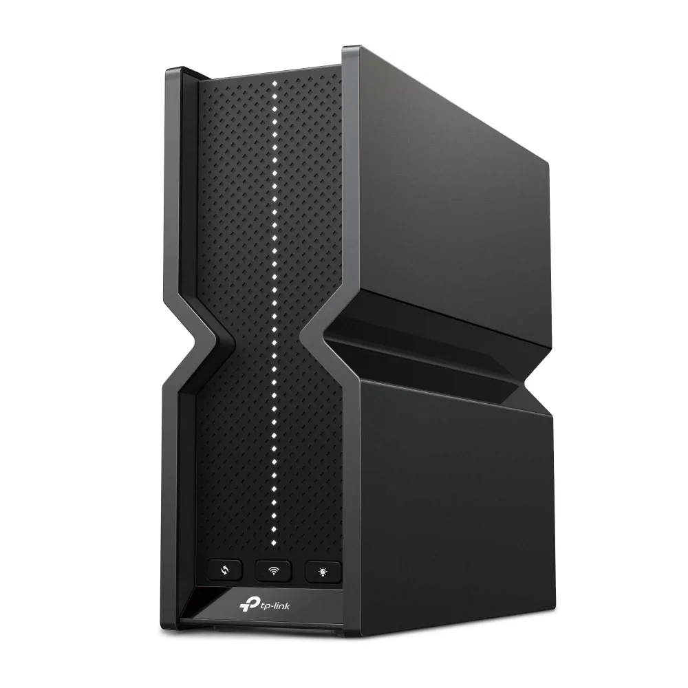 TP-Link Archer BE550 tri-band Wi-Fi 7 router standing upright on a white background, showing its vertical vented enclosure and glossy top