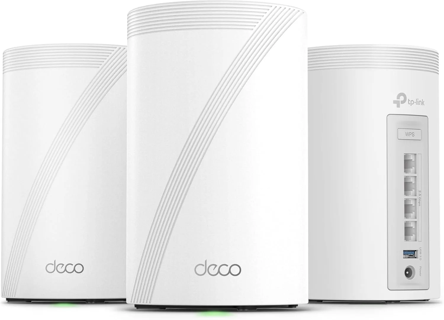 TP-Link Deco BE63 WiFi 7 mesh system 3-pack: three white cylindrical nodes shown together on a neutral background