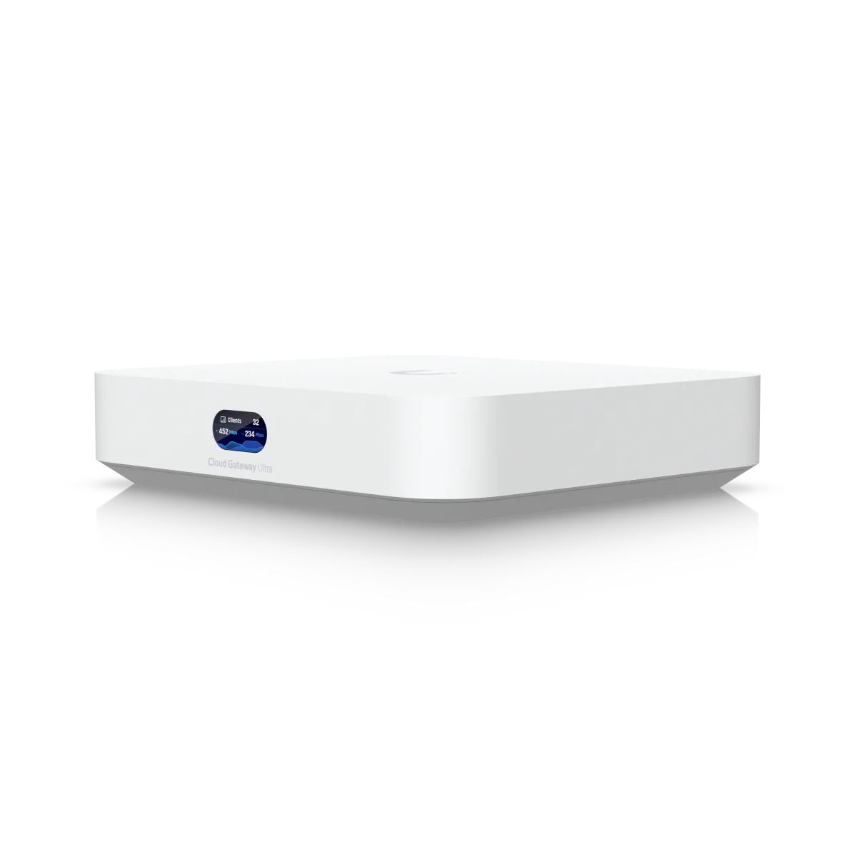 Ubiquiti UniFi Cloud Gateway Ultra, a low-profile white desktop network appliance with rounded edges and a small rectangular status display on the front bezel reading “Cloud Gateway Ultra”, shown from the front on a white background