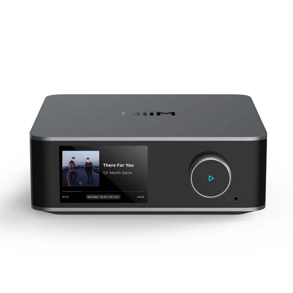 WiiM Ultra streaming preamplifier shown straight-on on a white background with its 3.5-inch color touchscreen displaying album art